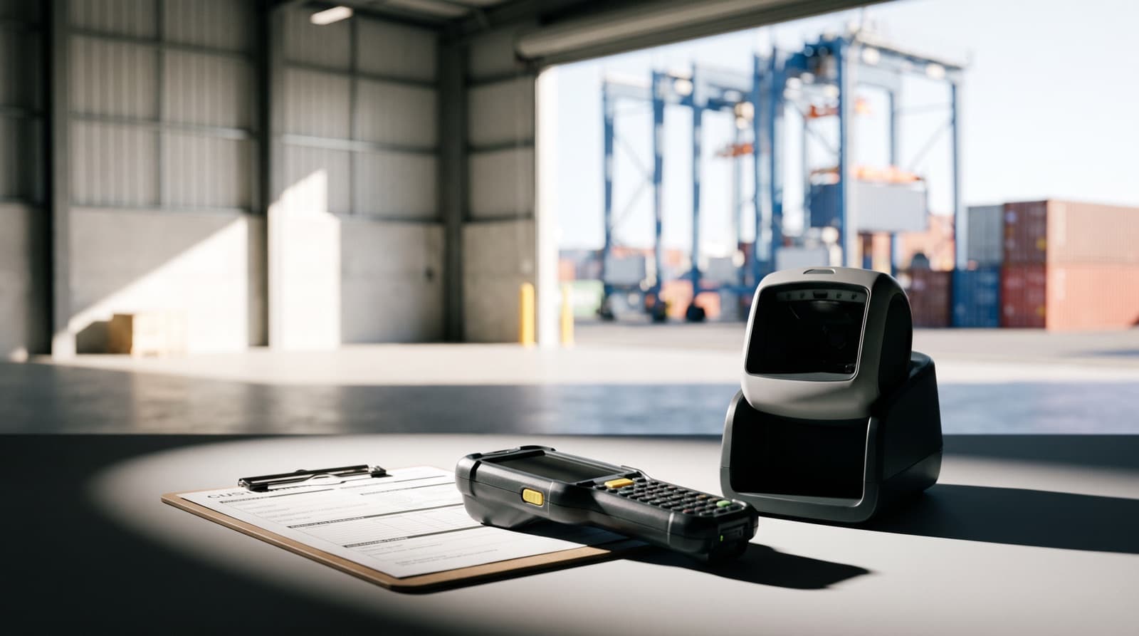 Customs inspection area at an Australian cargo facility with scanning equipment and a clipboard, container cranes outside