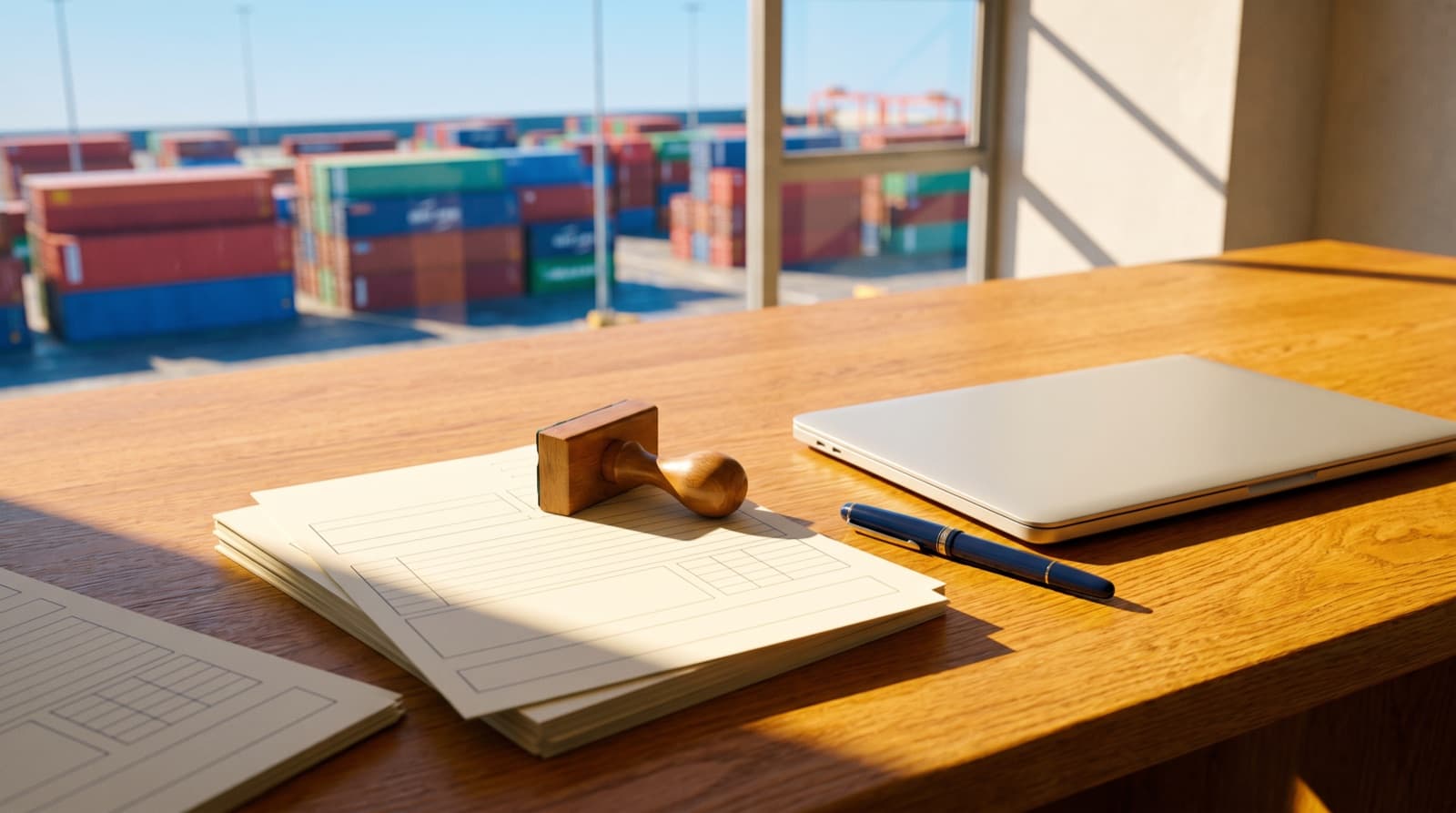 Export shipping documents, a stamp and a pen laid out on a desk with a container port visible through the window