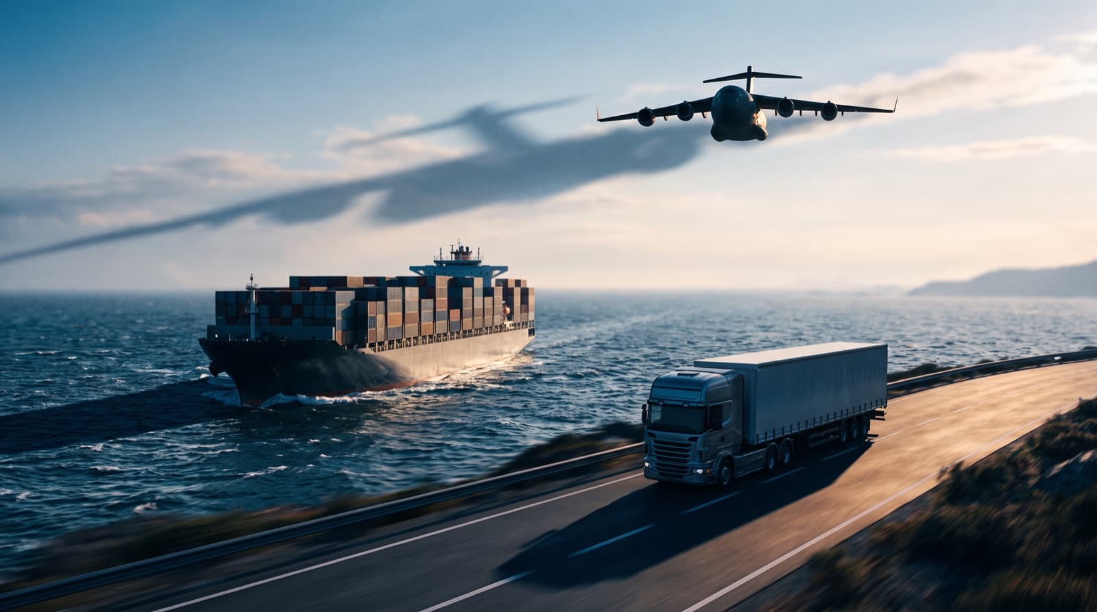 A container ship at sea, a cargo aircraft overhead and a freight truck on a coastal highway representing multimodal freight forwarding