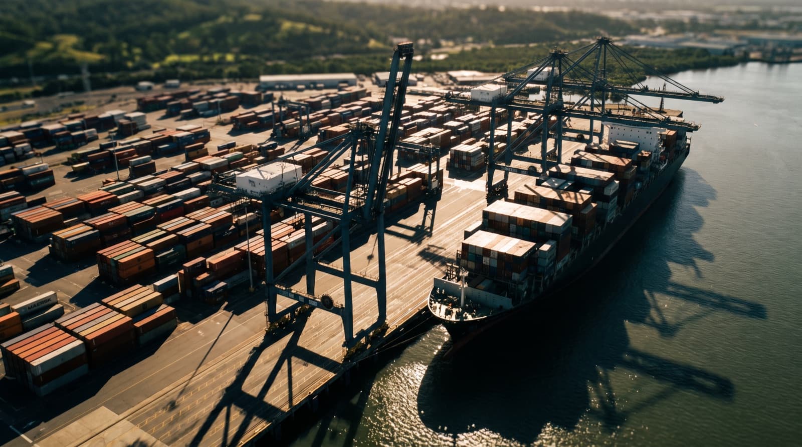 Aerial view of the Port of Brisbane container terminal with a container ship berthed alongside the river